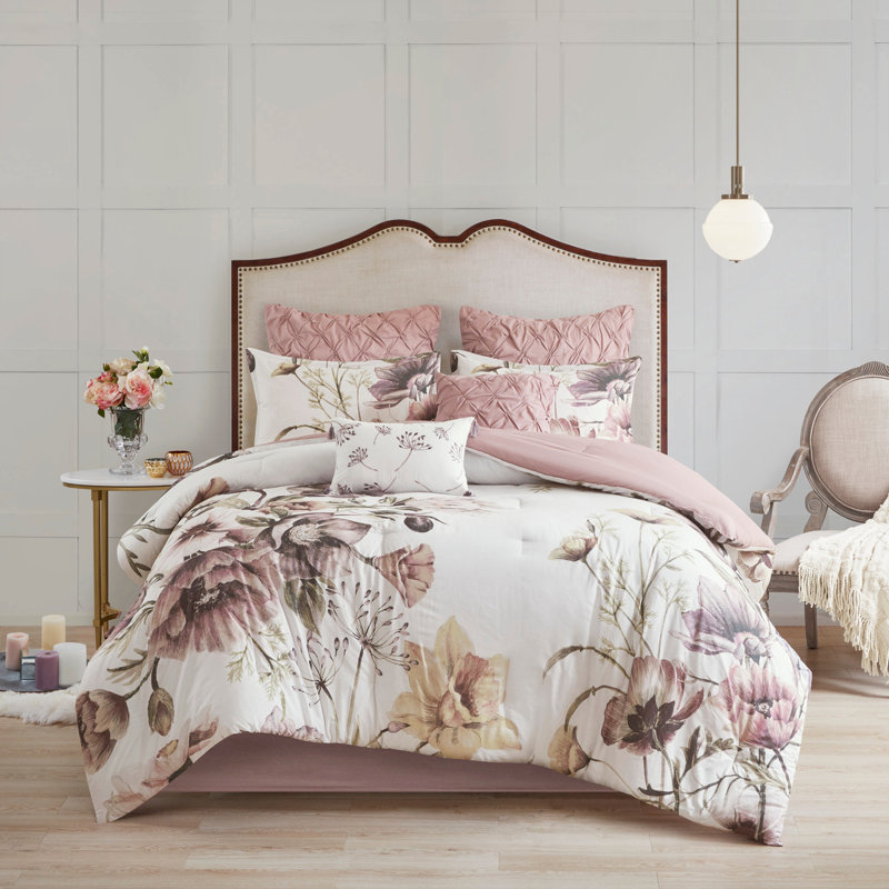 8 Piece Printed Comforter Set Blush
