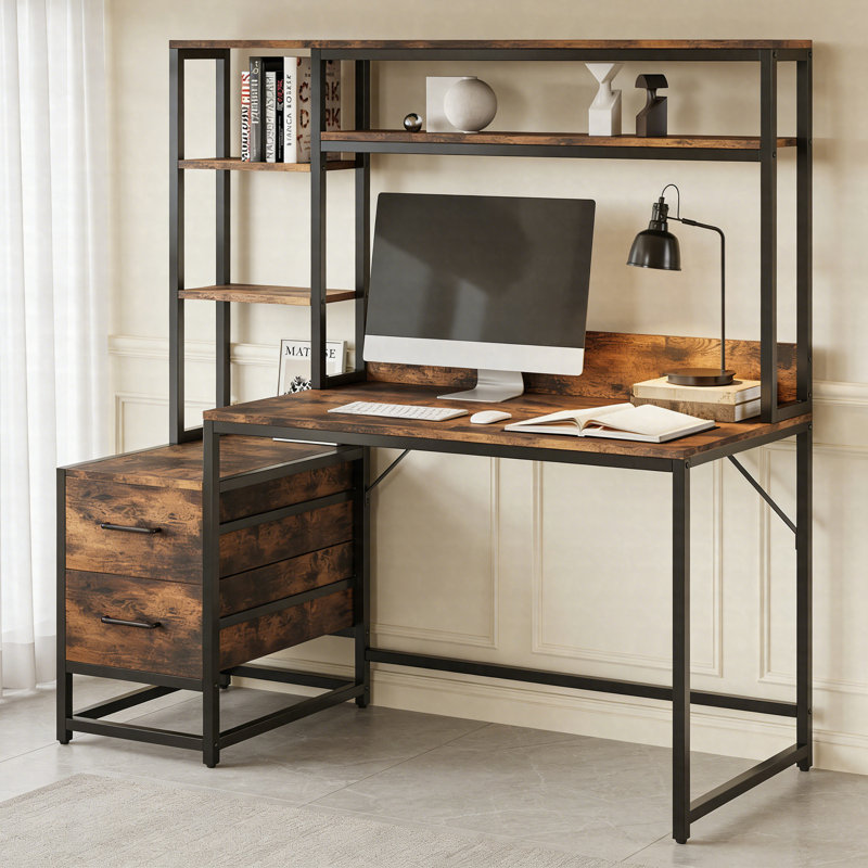 Bureau d'ordinateur de 60 po de hauteur avec huche - Table d'écriture avec 2 tiroirs et tablettes de rangement