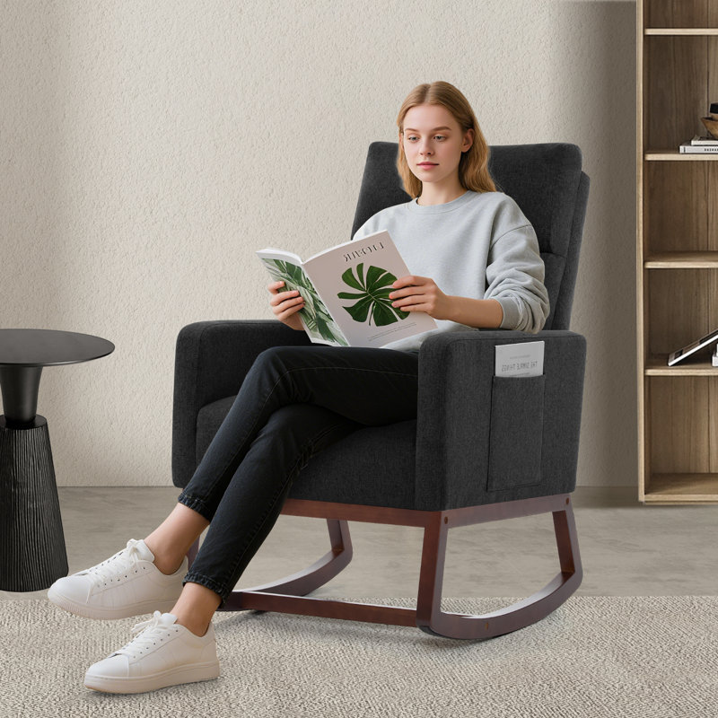 Linen Fabric+ Manufactured Wood Rocking Chair, Black, Walnut