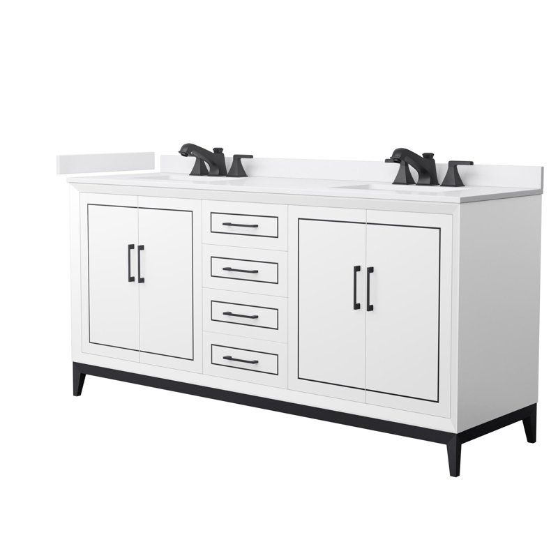 Marlena 72" Freestanding Double Bathroom Vanity with Cultured Marble Top, White, Matte Black