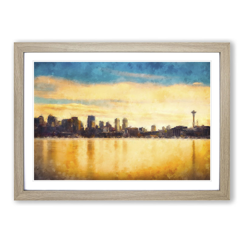 Reflection Of The Seattle Skyline - Single Picture Frame Painting on MDF, 24cm H x 33cm W x 2cm D, Oak Framed