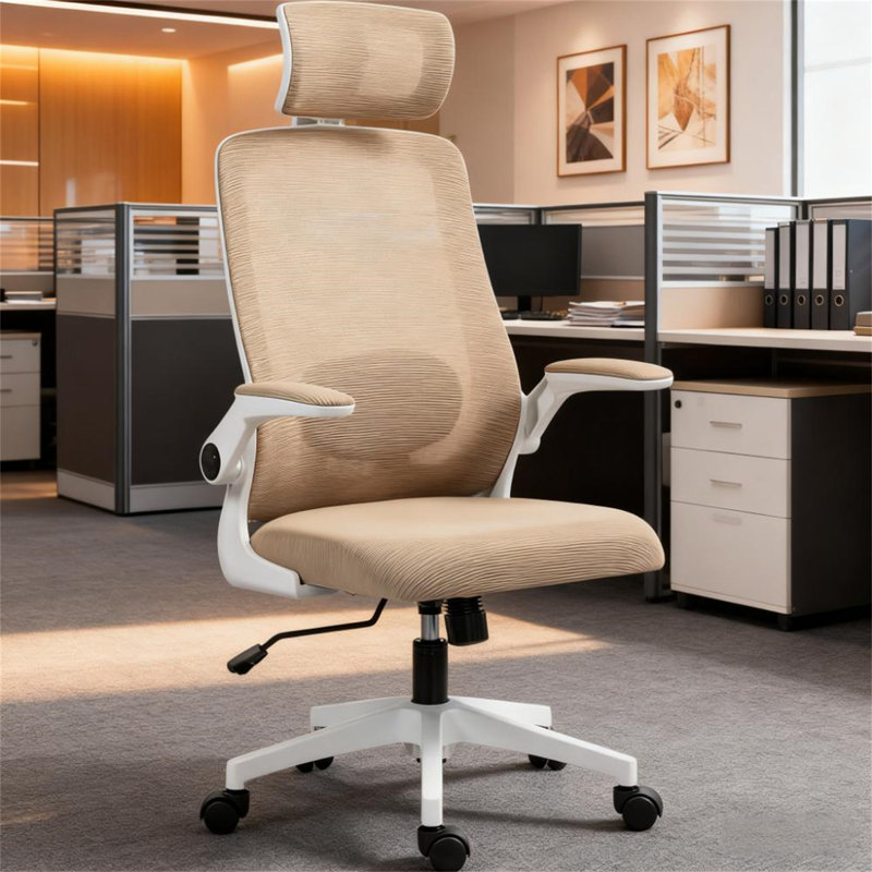 Chaise de bureau ergonomique avec accoudoirs rabattables, Kaki pâle, Blanc