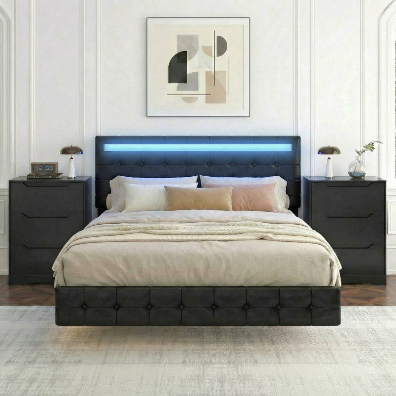 3-Piece Bedroom Sets, Floating Bed Frame with LED Headboard and 2 3-Drawer Nightstand Set, King, Black