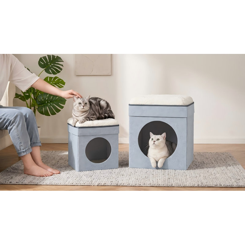 Cube pliant pour repose-pieds pour chats d'intérieur et petits chiens, grotte empilable pour chat avec lit de repos doux amovible, feutre et bois d'ingénierie, gris clair, 12,6 po