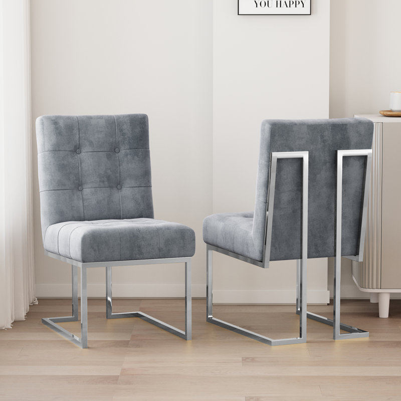 Kushma Tufted Velvet Upholstered Back Side Chair Dining Chair (Set of 2), Gray, Silver