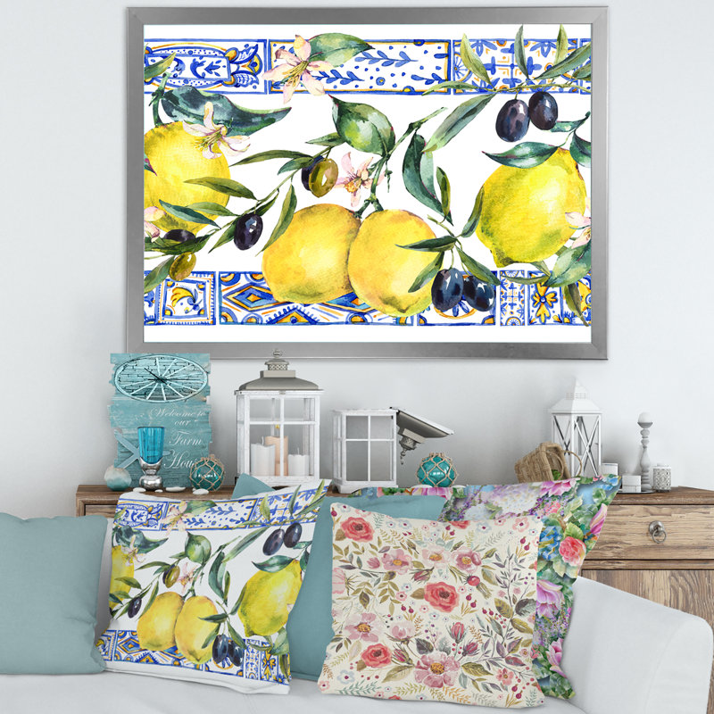 Ornement de citron sur motif géométrique bleu II - reproduction de photo sur toile, H 30 po x l 40 po x 1,5 po
