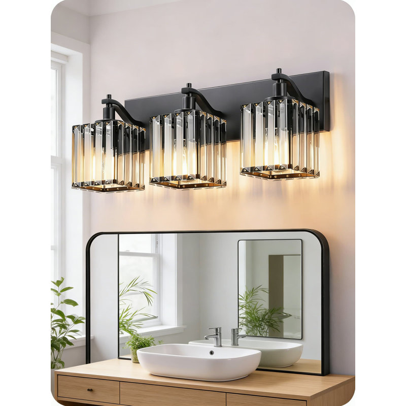 Luminaire de meuble-lavabo 3 lumières Edishine, applique murale moderne en cristal avec base en métal noir, éclairage câblé pour miroir de salle de bain, salle d'eau ou chambre à coucher
