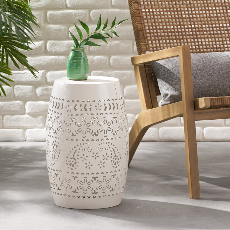 Side Table, Lace Cut Metal End Table for Outdoor & Indoor Use, Barrel Shape Accent Table with No Assembly Needed for Garden, Patio, Living Room, Backyard Decor