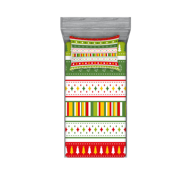 Drap-housse et coussin décoratif Ambesonne Christmas vert lime jaune rouge, Ensemble de draps pour lit simple + 3 pièces supp
