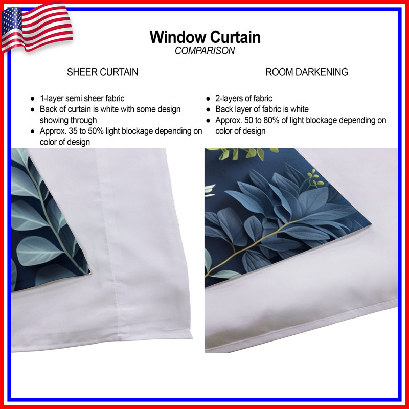 Rideaux de fenêtre à motif de feuilles à motif floral transparent et obscurcissant - 2 panneaux, 40in x 50in - 2 panels