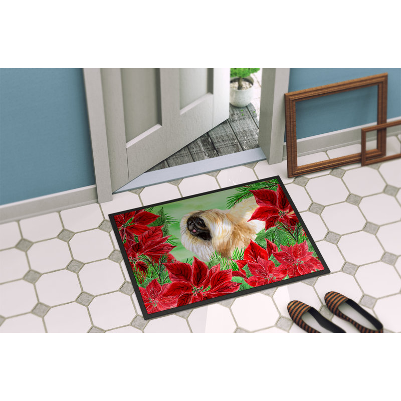 Tapis de porte pour l’extérieur antidérapant pékinois poinsettas, Rectangle 24 po x 36 po