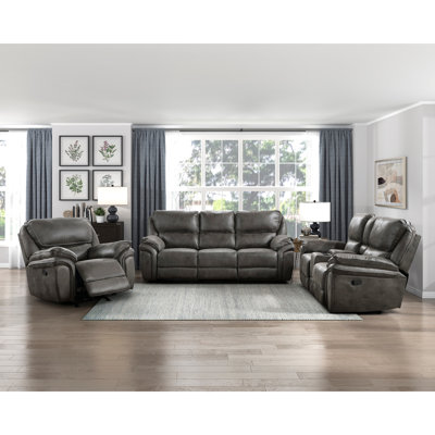 Revêtement moderne en microfibre inclinable 3 pièces gris moderne, structure en bois massif, inclinable à languette, console centrale, chaise berçante, 300 lb par siège avec rangement sur 6 sièges