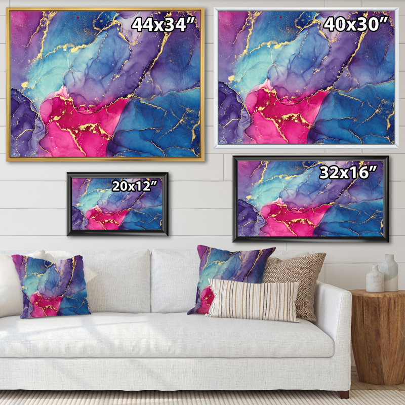 «Blue and Pink Luxury Abstract Fluid Art», reproduction sur toile, H 12 po x l 20 po x P 1 po, Cadre flottant en érable