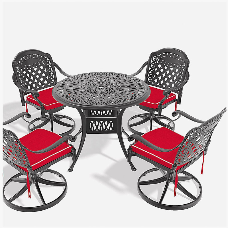 Ensemble de salle à manger 5 pièces en aluminium coulé résistant aux intempéries, comprenant 4 chaises pivotantes et une table ronde de 35,43 po avec structure noire (même SKU: W1710S00300)