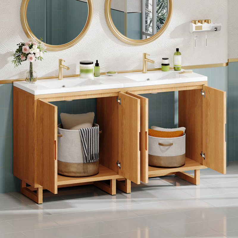60" Double Bathroom Vanity With Resin Top, Burly Wood