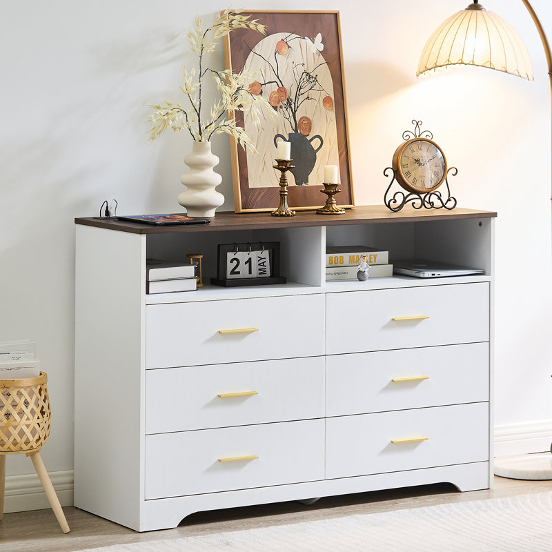 Farmhouse 47'' W 6 Drawer Bedroom Dresser, Wood Wide Chest of Drawers, Closet Storage for Bedroom