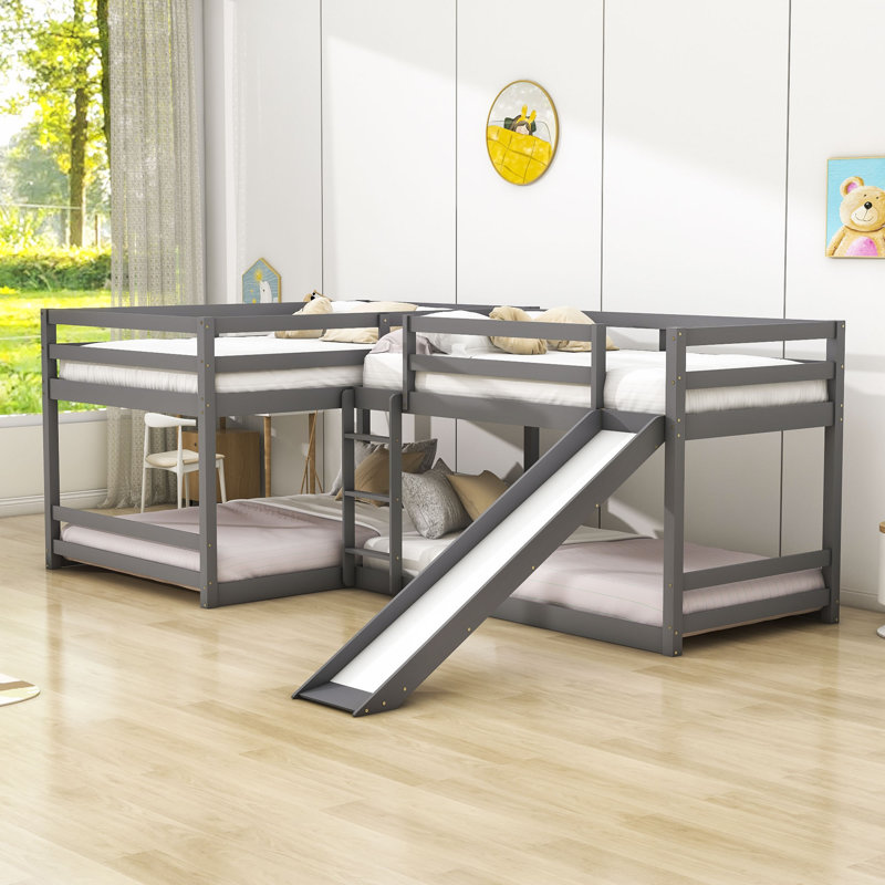 Ernice Full Over Full and Twin Over Twin L-Shaped Bunk Beds with Slide by Harriet Bee, Gray