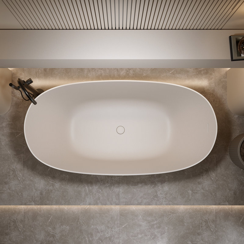 Baignoire de trempage autoportante 69 po, résine de pierre à surface solide, moderne avec trop-plein et bonde escamotable