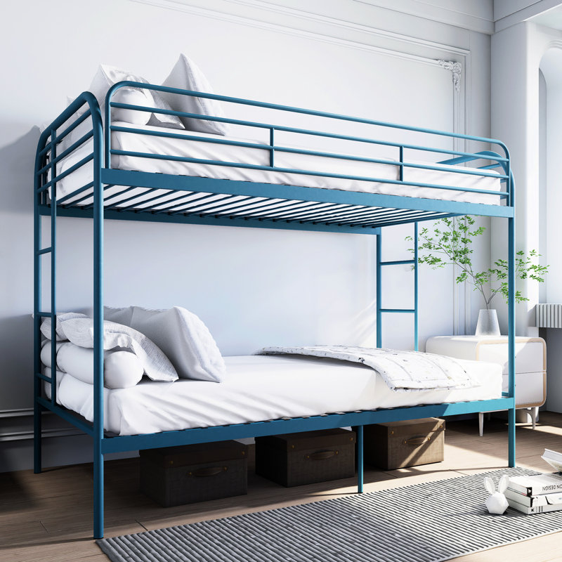 Lit superposé simple au-dessus de bleu en métal, 2 échelles, rail pleine longueur, sans sommier, idéal pour un lit de gestion de l'espace de chambre à coucher avec rails doubles, sommeil confortable, économie