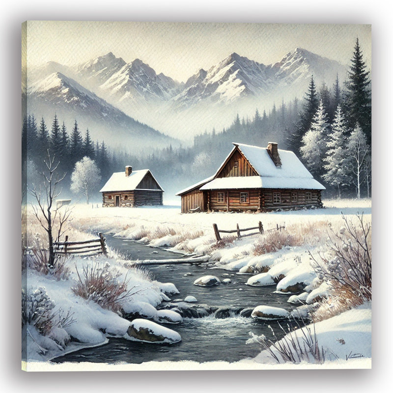 Highland Haven: Rustic Log Cabins by a Winter Stream Canvas Print, 12" H x 12" W x 1" D