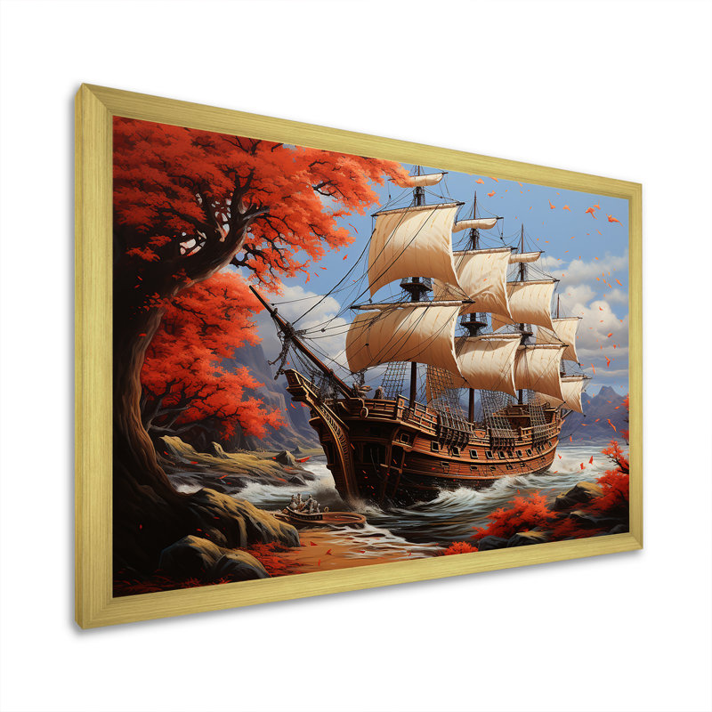 Caraïbes, crique de pirate 2 - Art mural pirate, Cadre doré à coins fermés, H 12 po x l 20 po x P 1 po