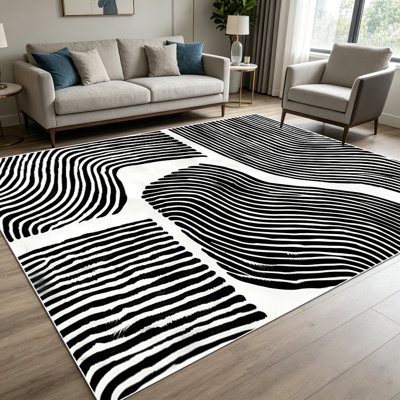 1PC Black And White Wavy Stripe Abstract Op Art Geometric area rugs for Living Room, Soft and Comfortable, Suitable for all seasons, easy-to-maintain, machine washable Indoor floor mat, Under Table Farmhouse suitable for bedroom, dining area, home