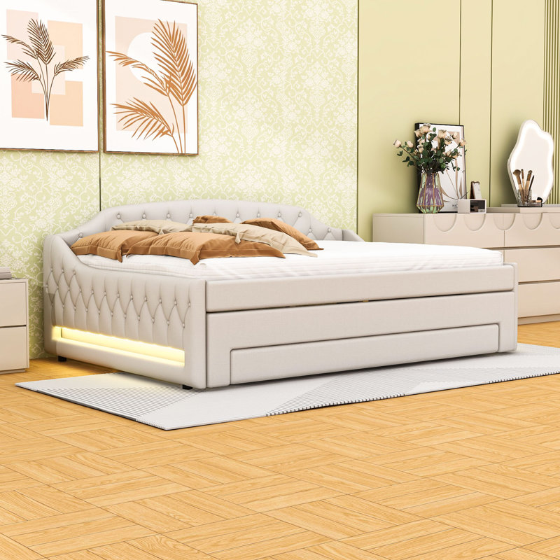 Full Size Daybed with Twin Trundle and Drawers,LED Light, Beige