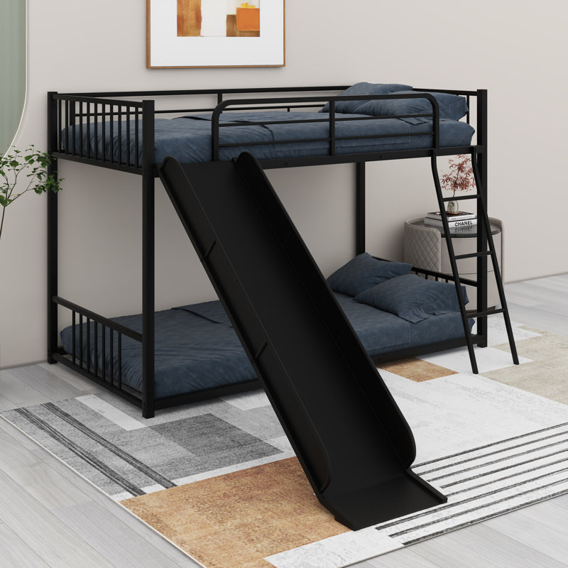 Lit superposé en métal robuste avec glissière et échelle, garde-corps, Noir