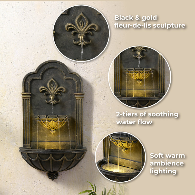 Weather Resistant Wall Base Fountain with Lights, Black