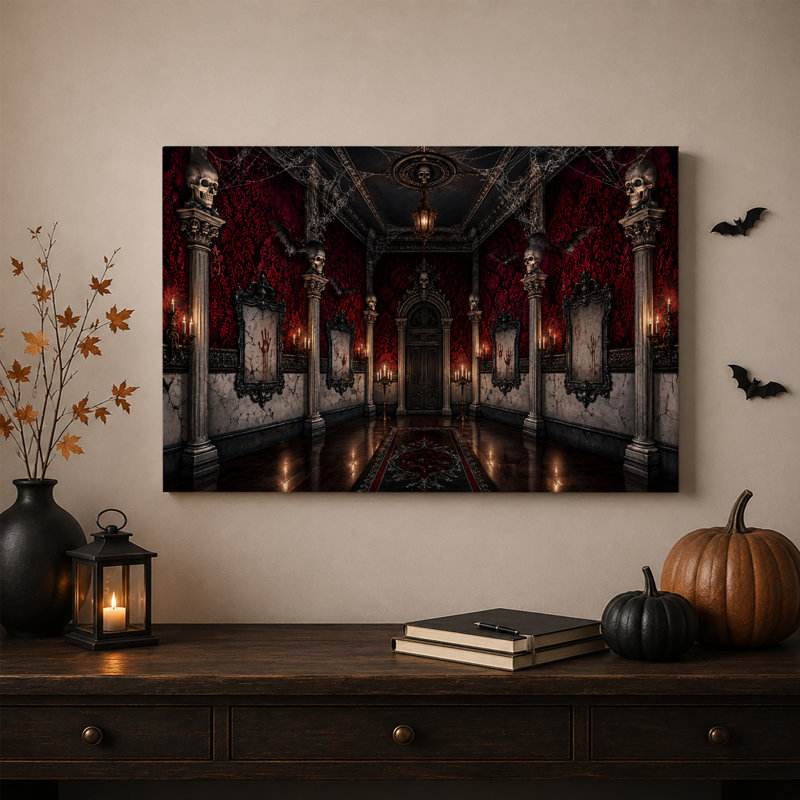 Art mural sur toile, hall d'entrée gothique avec piliers de crâne et rouge d'Halloween, H 12 po x l 18 po