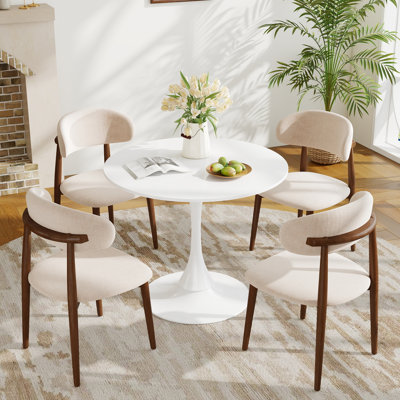 31.5" Round Tulip Dining Table Set with 2/4Cotton-Linen Chairs, MDF Top & Pedestal Base for Kitchen Living Room