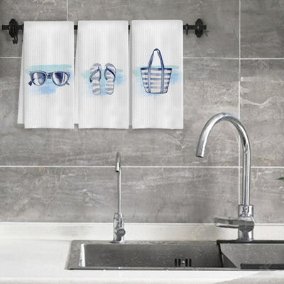 Ensemble de 3 serviettes de cuisine bleu marine et bord de mer, serviettes de plage décoratives et lunettes de soleil, essuie-mains nautiques pour décoration de cuisine et de salle de bain, 16 x 24 pouces