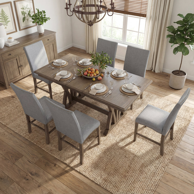 Ensemble de table de salle à manger extensible Mid-Century 7 pièces en bois massif avec chaises rembourrées et rallonge de 12 pouces pour 6 en brun doré et gris