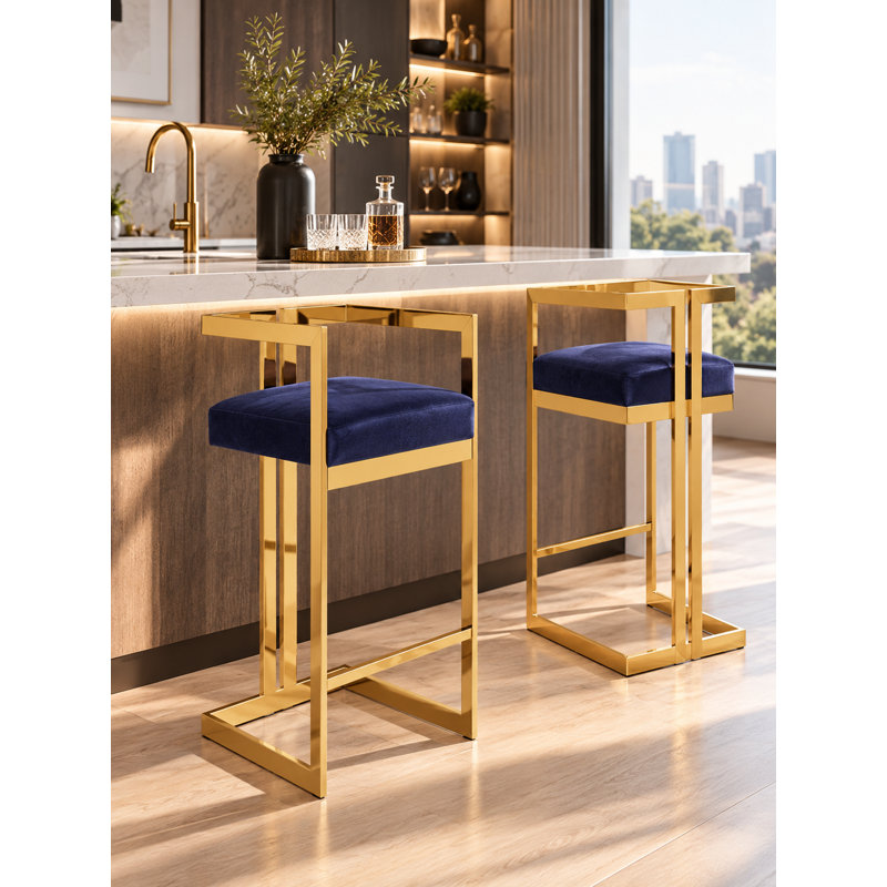      Tabouret de bar moderne Pangea Home, Velours marine, Doré, Tabouret de bar (siège d'une hauteur de 29,5 po)