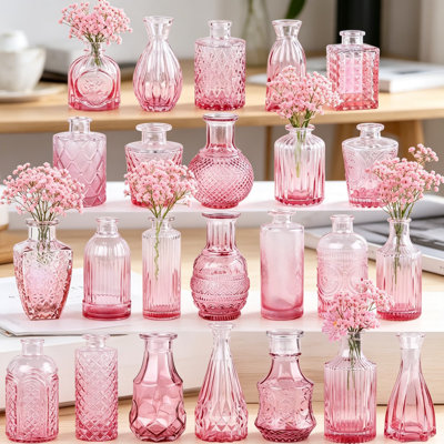 Set Of 24 Pink Glass Bud Vases, Mini Flower Vases For Centerpieces, Bulk Small Vintage Vases For Wedding Decor, Home Table Decoration
