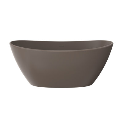 61 in. Gray Brown Oval Solid Surface Freestanding Soaking Bathtub, Matte Deep Soaking Tub with Center Drain