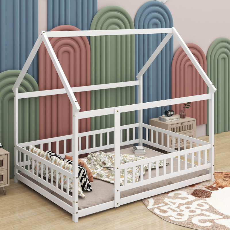 Lit double en bois pleine grandeur avec structure de toit, Blanc