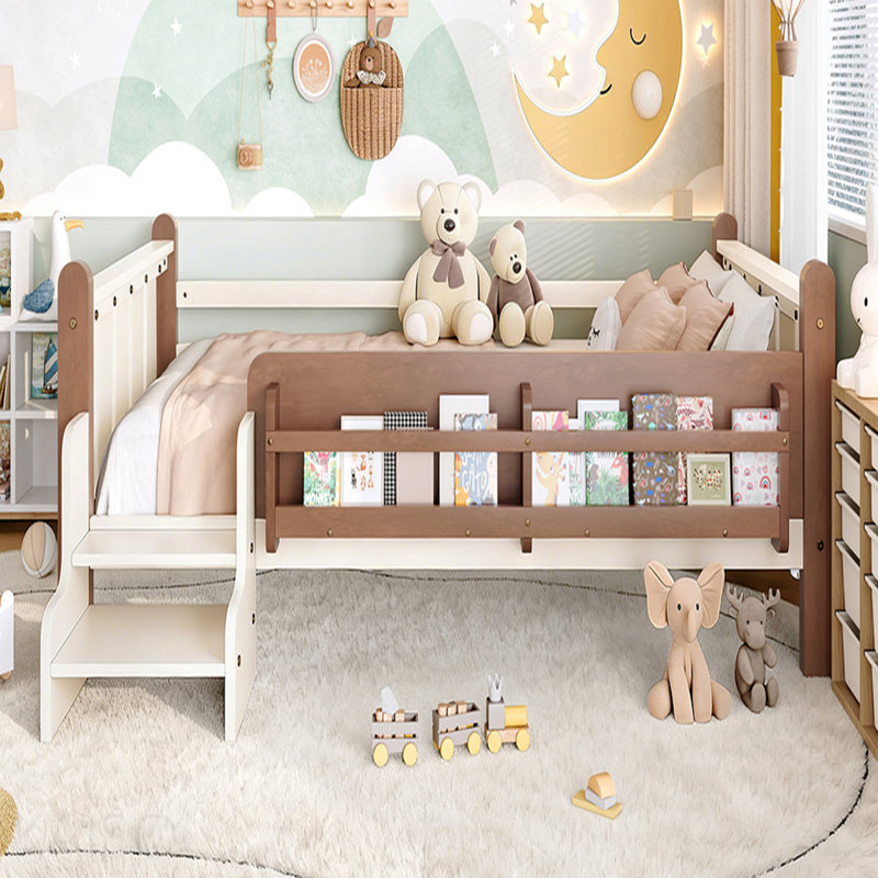 Lit simple au sol avec bibliothèques de rangement, lit en bois massif pour enfants avec de jolis escaliers et garde-corps, aucun sommier nécessaire, beige