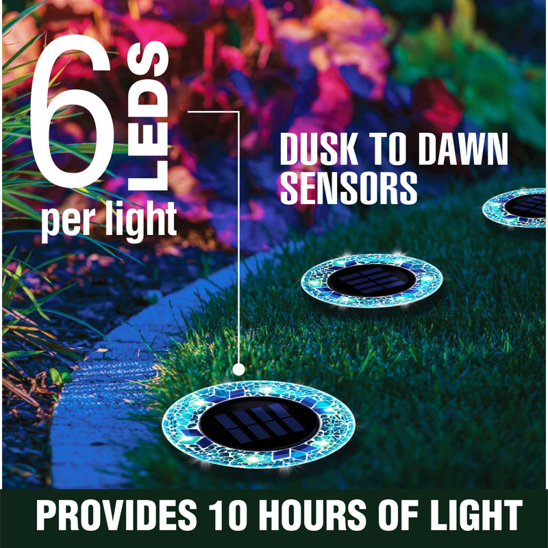Bell+Howell Solar Powered Blue Mosaic Disk Lights, Wireless Auto On/off Solar Pathway Garden Lights