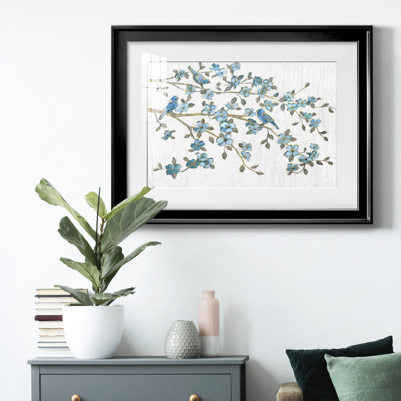 «Blooming Bluebirds», reproduction encadrée de qualité supérieure - prête à être accrochée, Cadre noir, Blanc