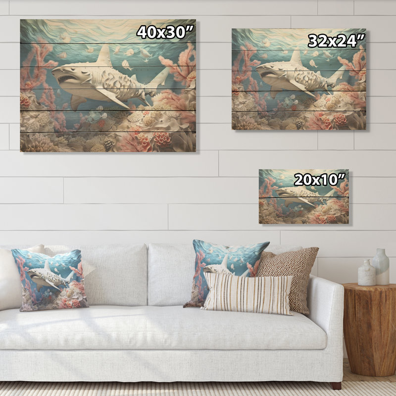 «Coral and Sharks Collage Symetry - Coastal Coral Under Water Wood, art mural sur bois de pin naturel, H 30 po x l 40 po