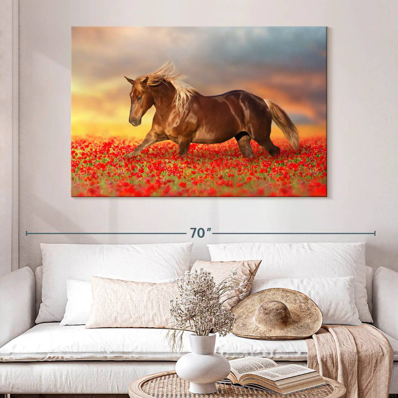 Cheval dans un champ de coquelicots, H 34 po x l 51 po