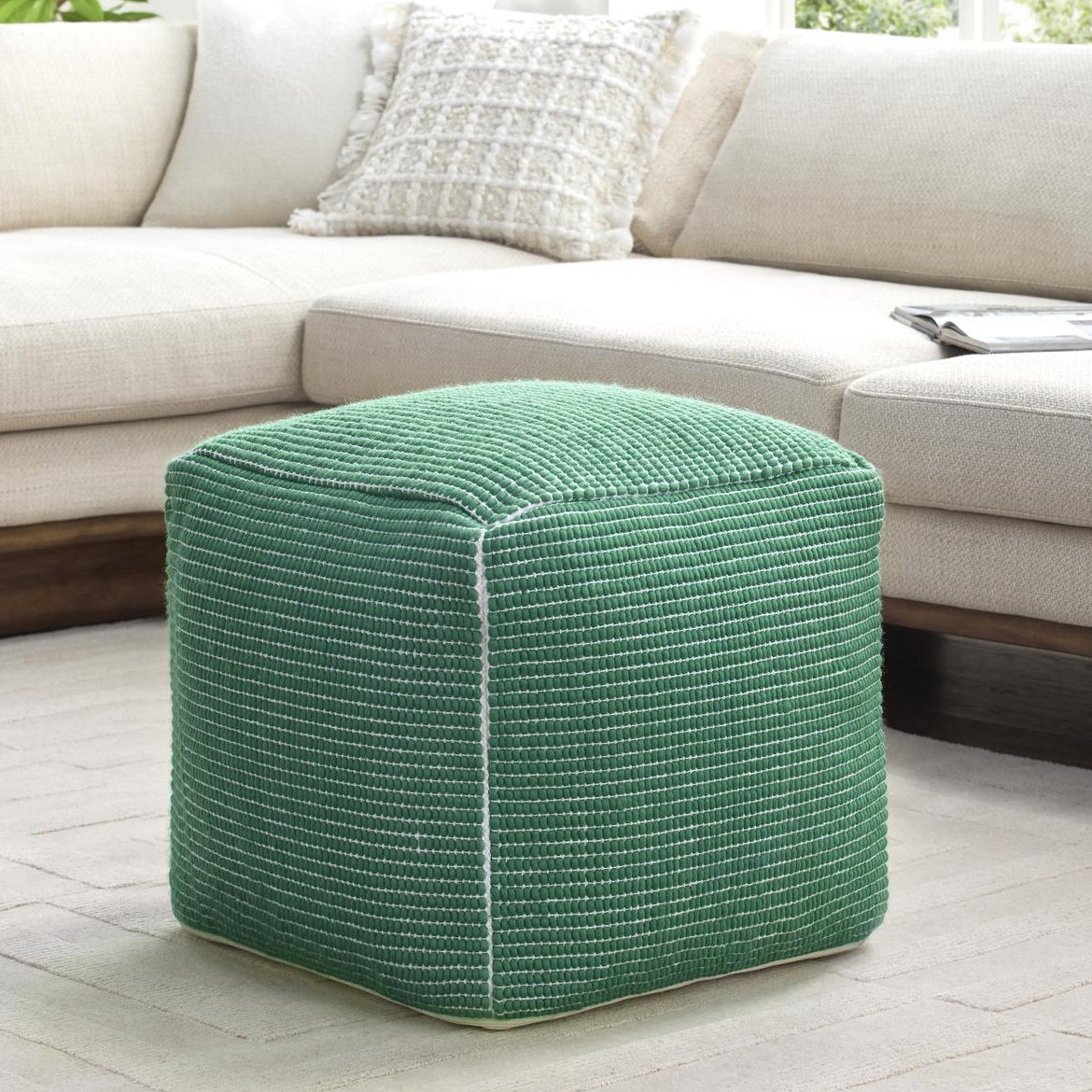 Waverly 18" Cotton Upholstered Pouffe, Green