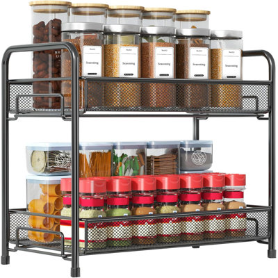 Support d'assaisonnement de comptoir et support d'organisation, grand support de rangement vertical en métal antirouille pliable à double couche, avec garde-corps et grille, convient aux armoires de cuisine, salle de bain, salle de rangement de nourriture de salon, noir