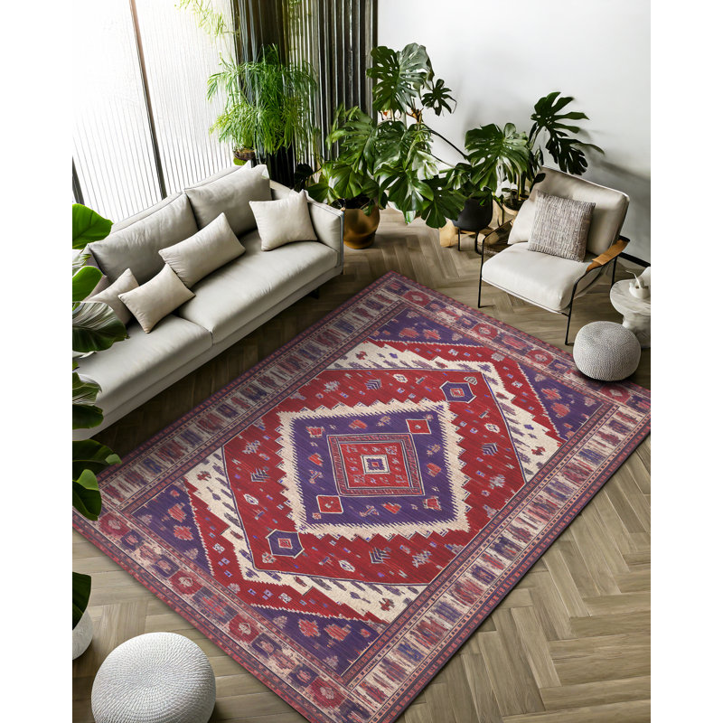 Moroc Collection Digital Print Cotton-Polyester Red Purple Moroccan Rug, Runner 6'7" x 16'5"