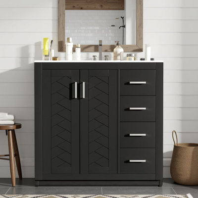 36" Free-Standing Bathroom Vanity Set With Ceramic Sink, Bathroom Srorage Cabinet With Soft Closing Doors & 3 Deep Drawers