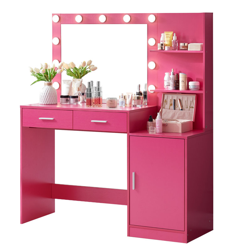 Dumt Vanity Desk with Mirror and Lights, Dressing Table with 2 Large Drawer&Large Vertical Organizer, 3 Level Dresser & 3 Lighting Modes Adjustable Brightness