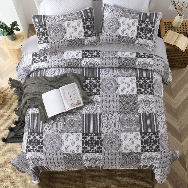 Ensemble de courtepointe à carreaux en microfibre 3 pièces Paisley Boho, Gris