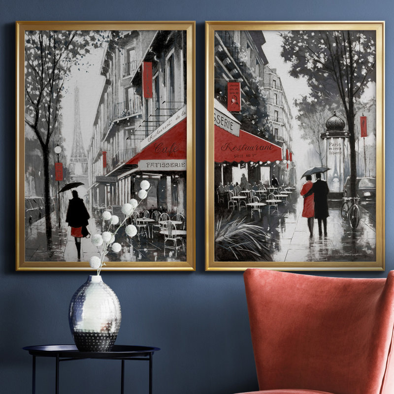 «Rainy Paris I», ensemble de 2 reproductions d'art, H 26,5 po x l 73 po x P 1,5 po, Toile encadrée dorée, Pas de tapis