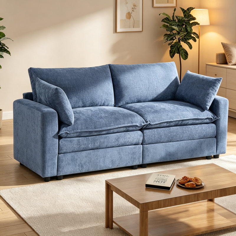 80.2'' Wide Modern Upholstered Sofa, Chenille Couch With Square Armrests, Blue